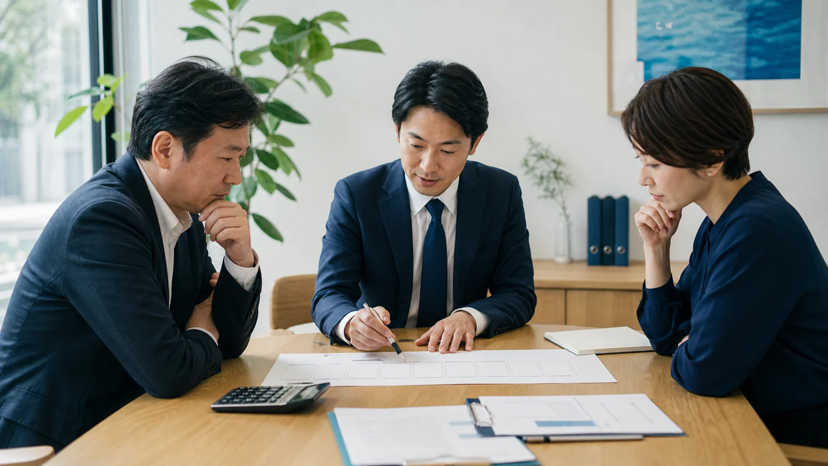 社長と財務担当者が成功報酬控除後の運転資金と返済予定を確認する場面