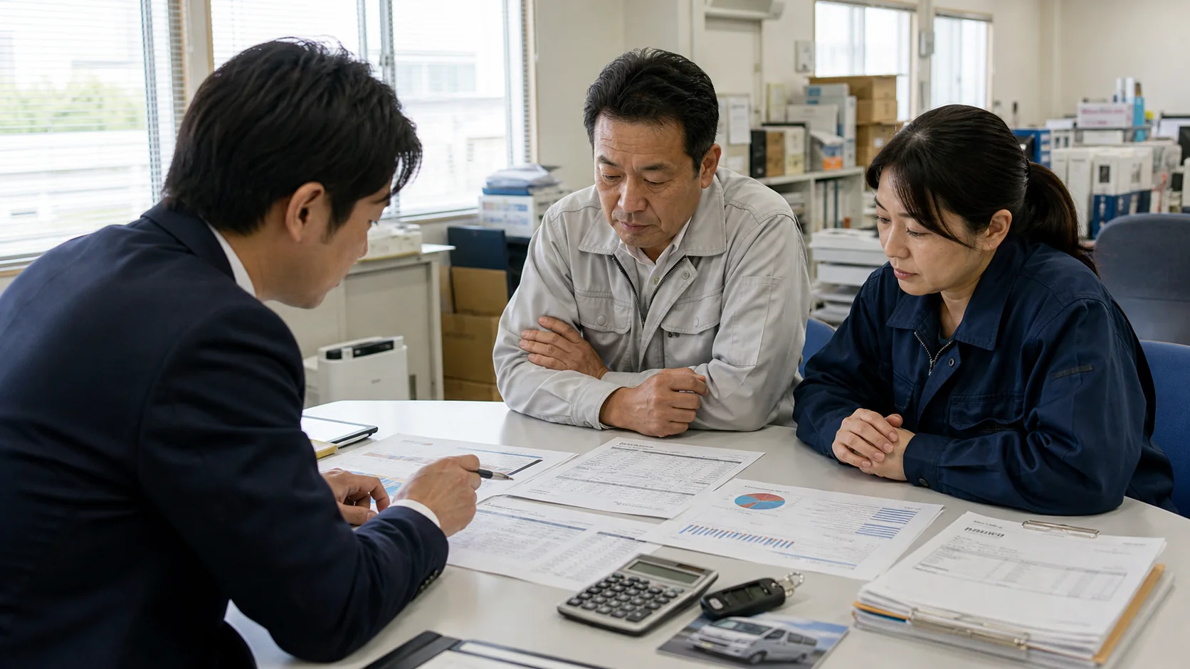 再建計画を基に追加資金の候補を比較する経営者