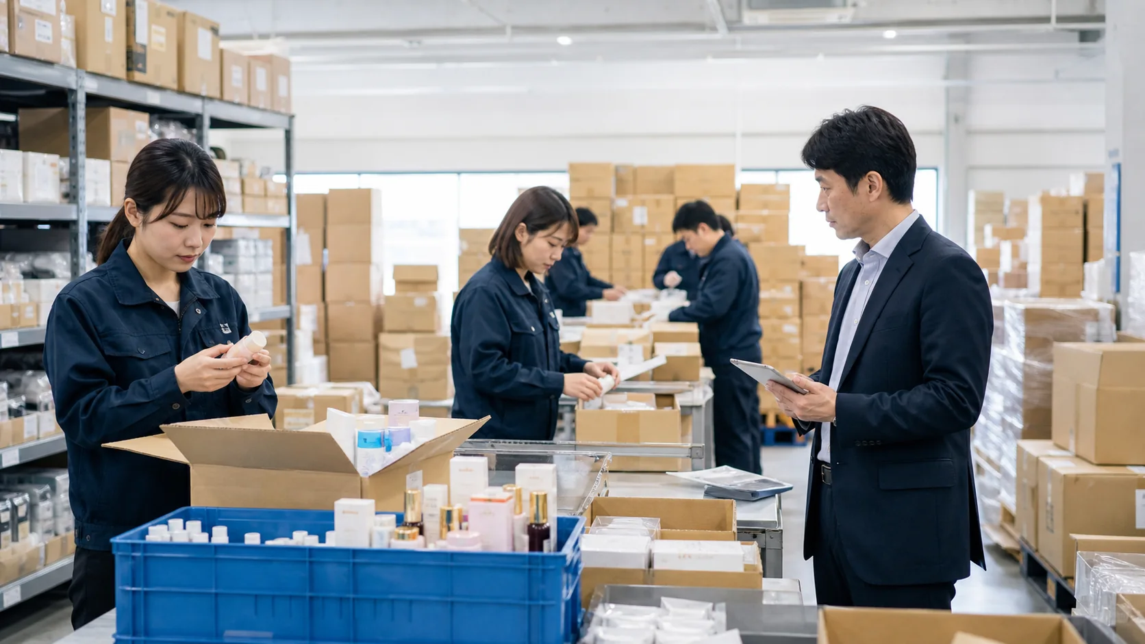 化粧品EC会社の経営者と物流責任者が急増した出荷と在庫を確認する場面