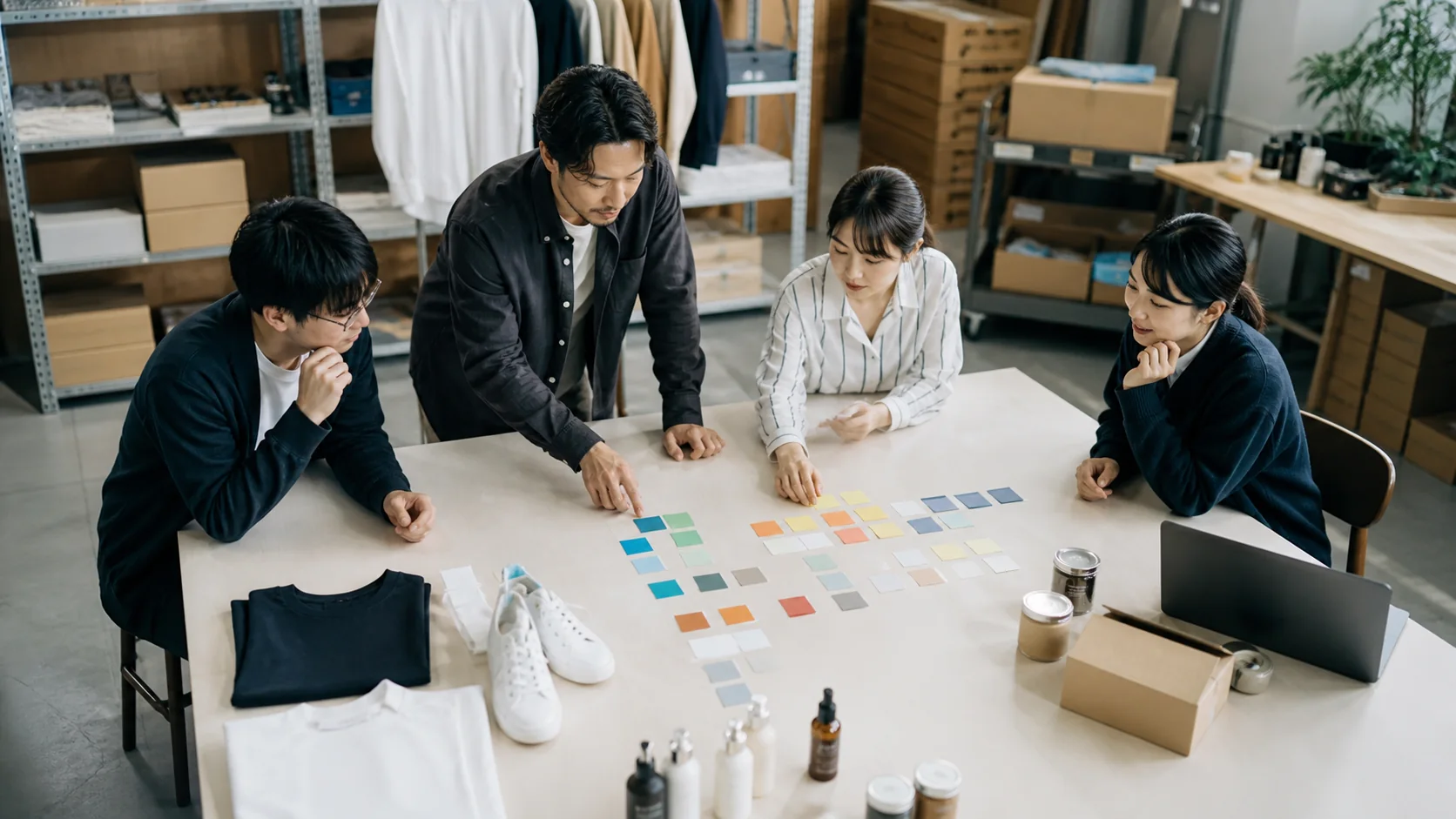 EC会社で営業・物流・財務担当が成長段階と資金計画をまとめる場面