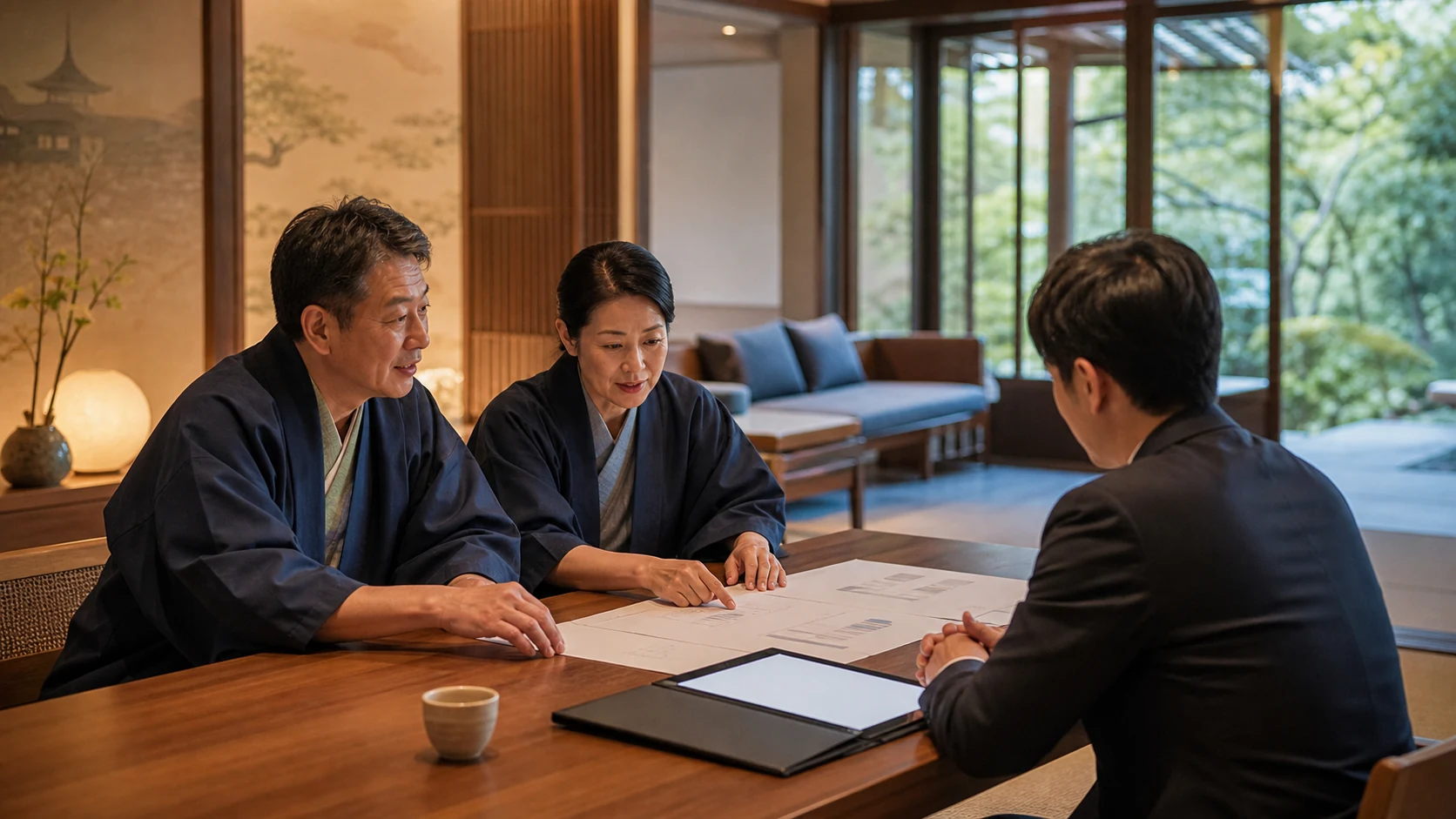 旅館経営者と財務担当が金融機関へ改修・予約・再開後稼働を説明する場面