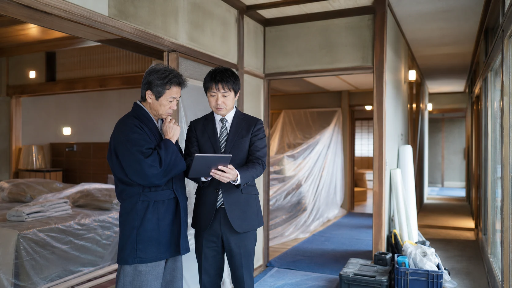 地方旅館の経営者と支配人が客室改修・休館日程・予約状況を館内で確認する場面