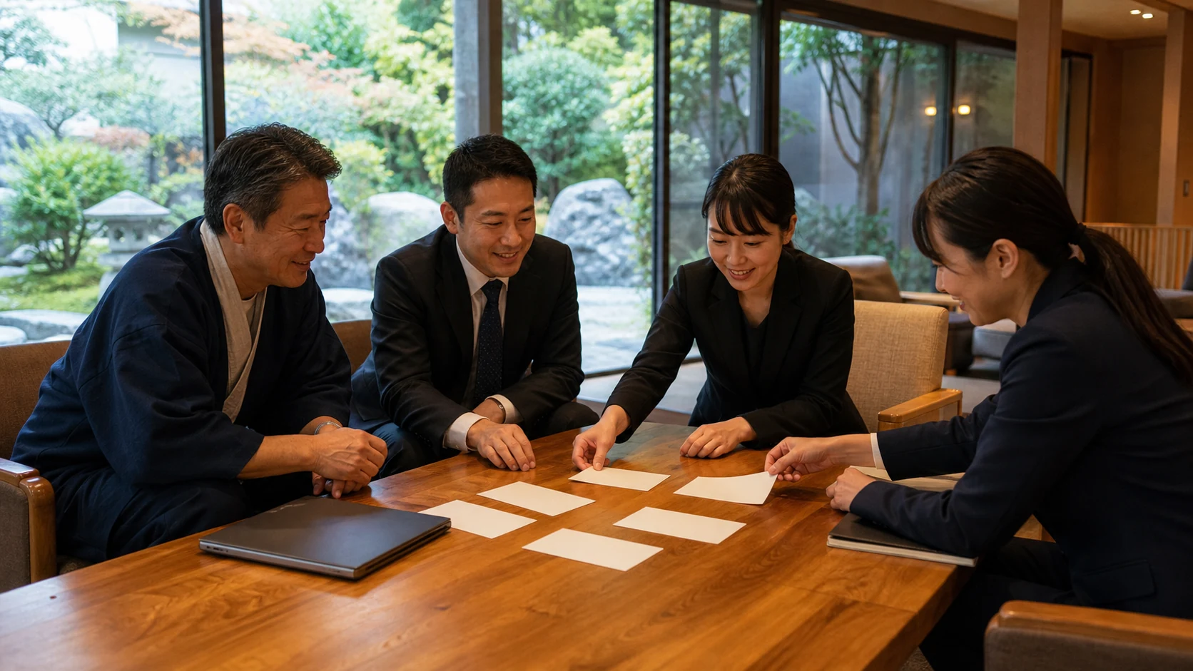 ホテル旅館の経営者・支配人・施設担当・財務担当が改修と再開資金を統合する場面