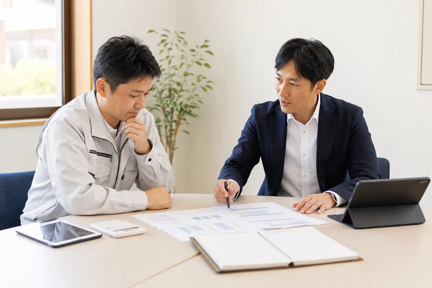 瀬戸市の事業者が相談担当者と資金繰りを整理するイメージ