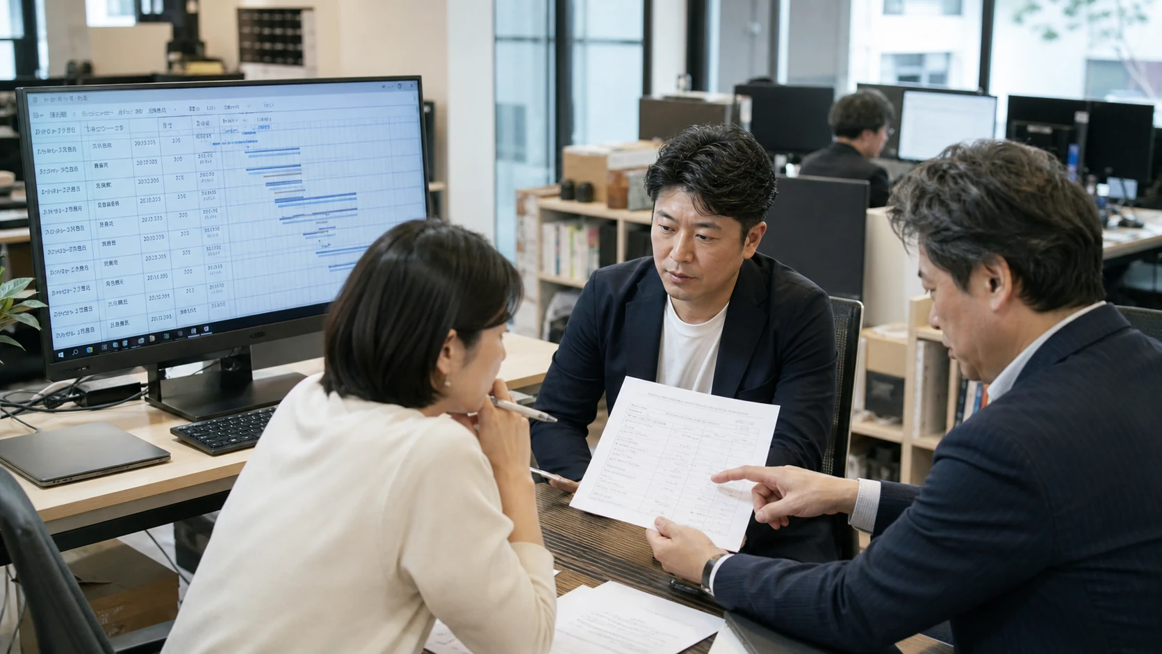 開発会社で検収工程と仕様変更と請求予定を確認する経営者とプロジェクト担当者