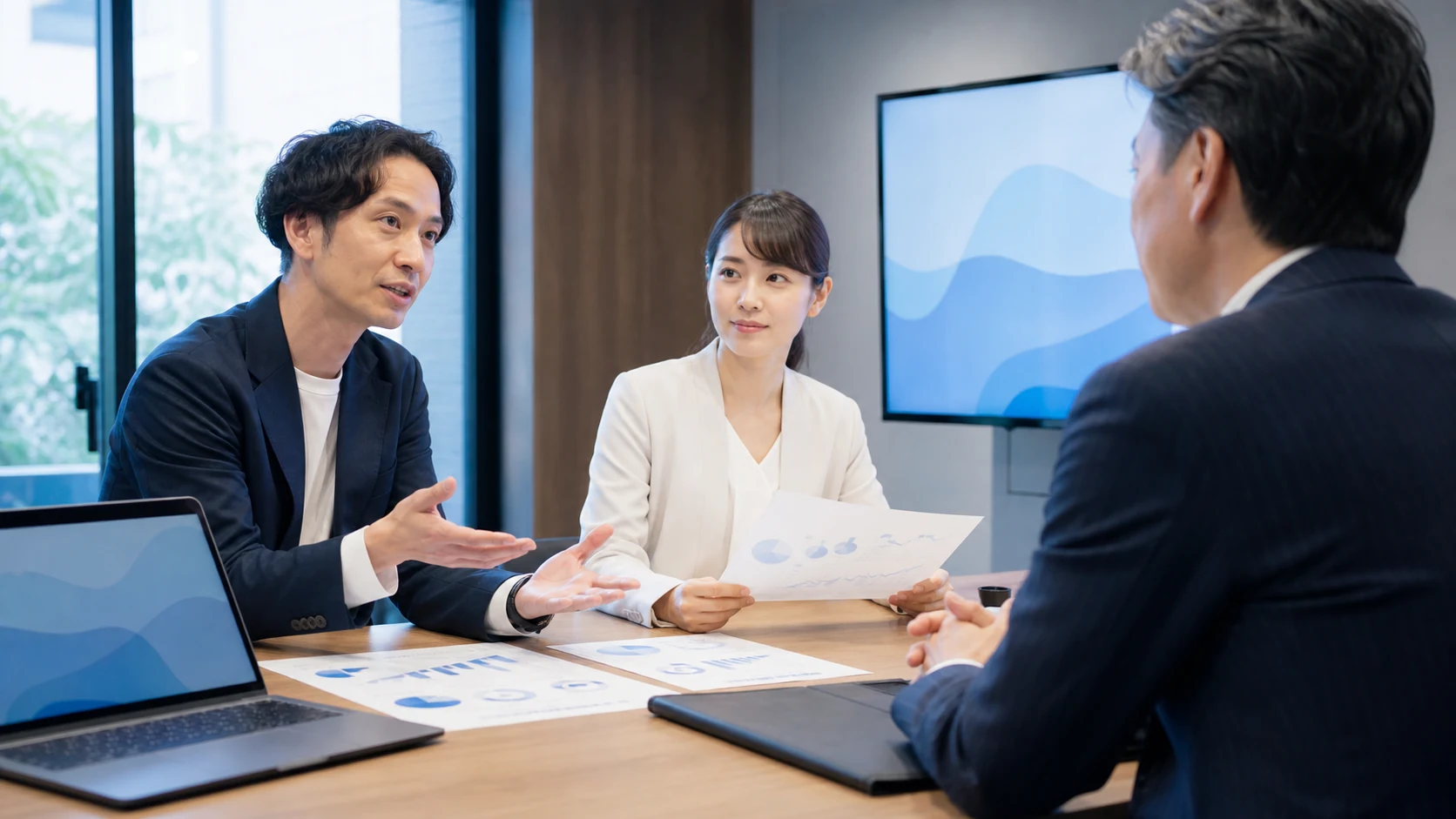 IT SaaS会社の経営者と財務担当が金融機関へ案件検収・MRR・固定費を説明する場面