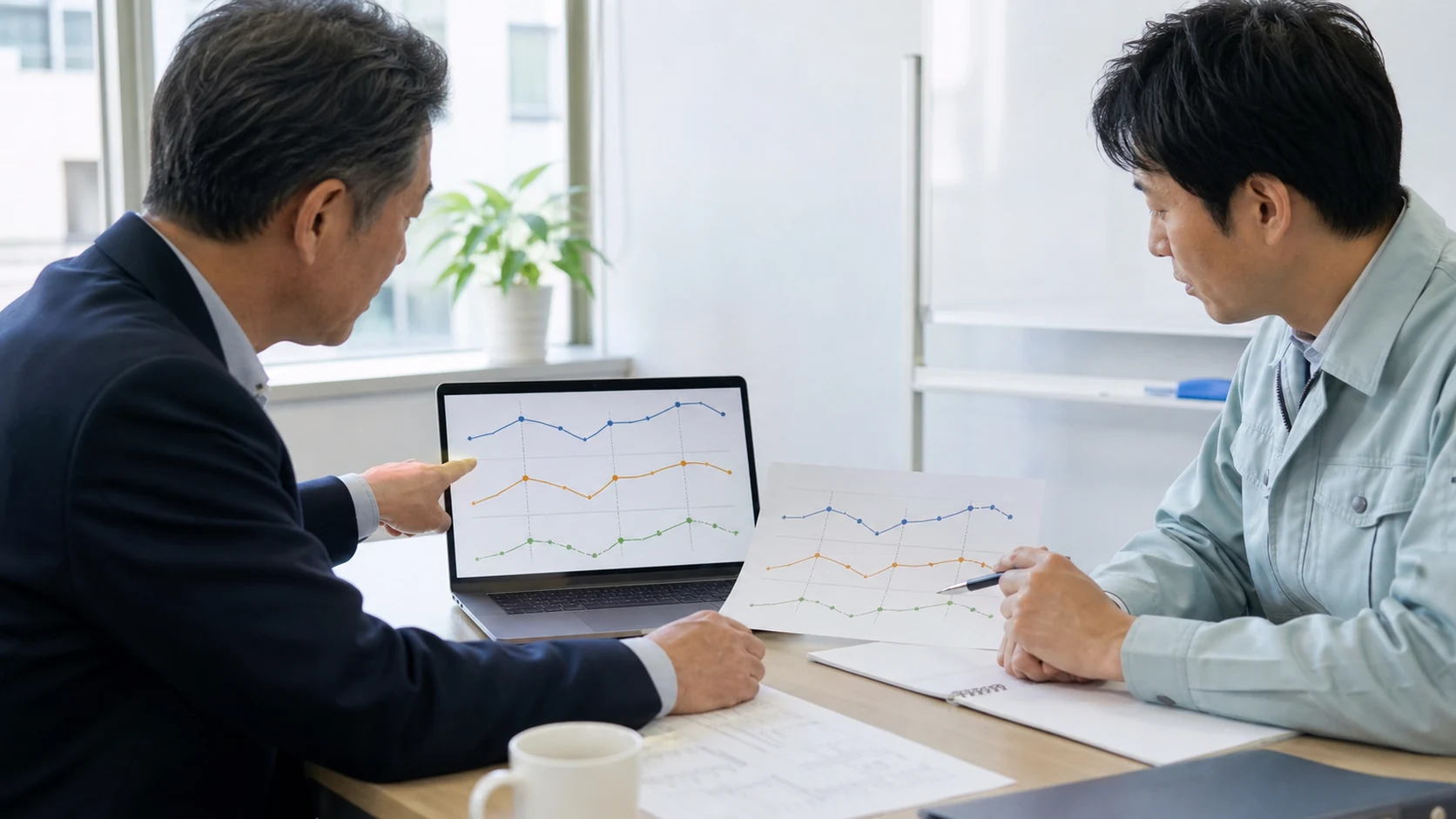 公庫融資の複数金利シナリオを資金繰り表で比較する経営者と支援者