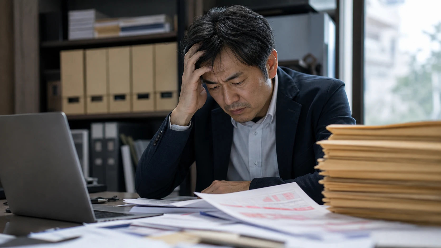公庫融資の否決後に申込資料と資金繰りを見直す会社経営者