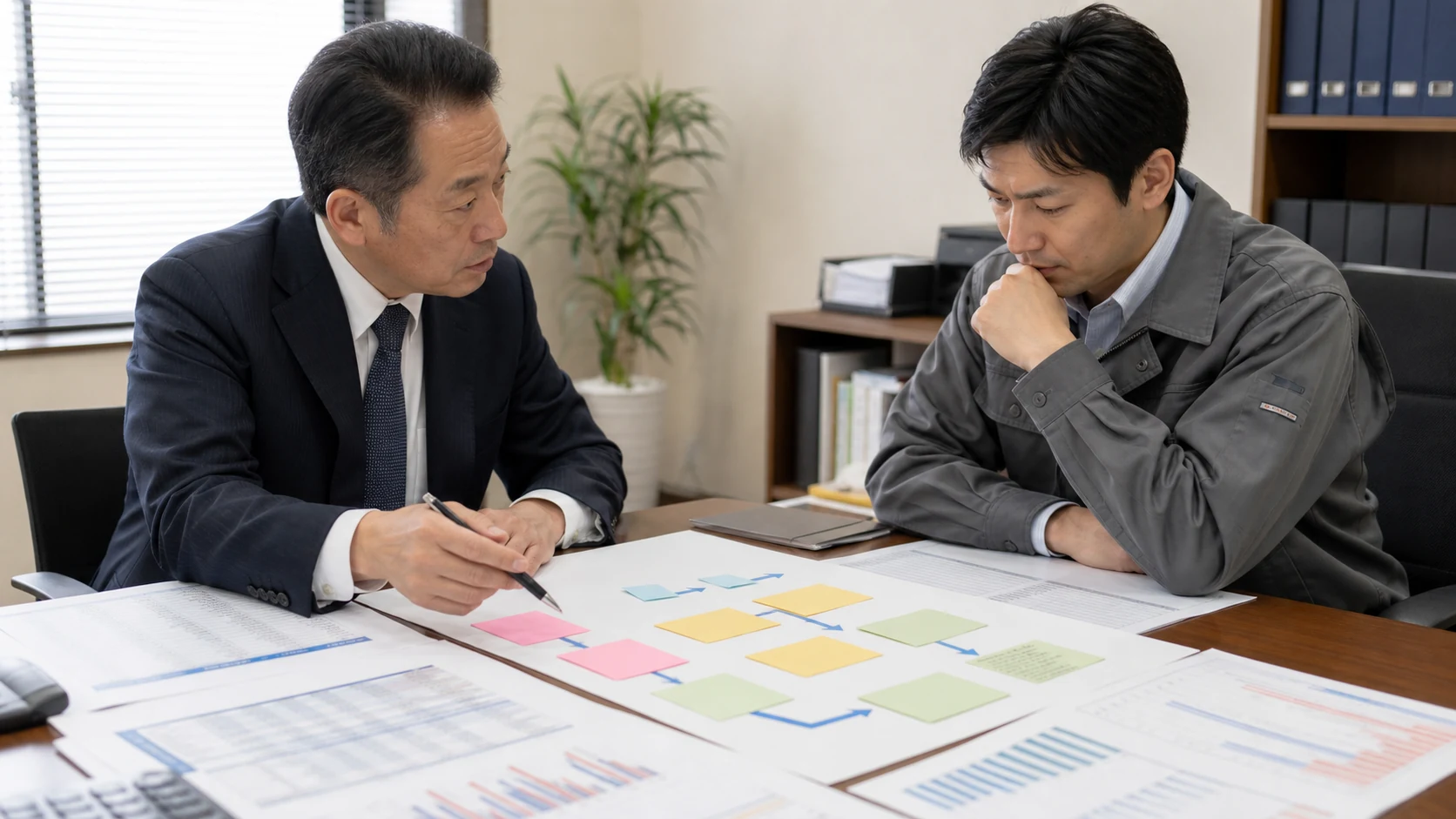 返済条件見直しの相談資料と経営改善計画を整理する経営者と支援者
