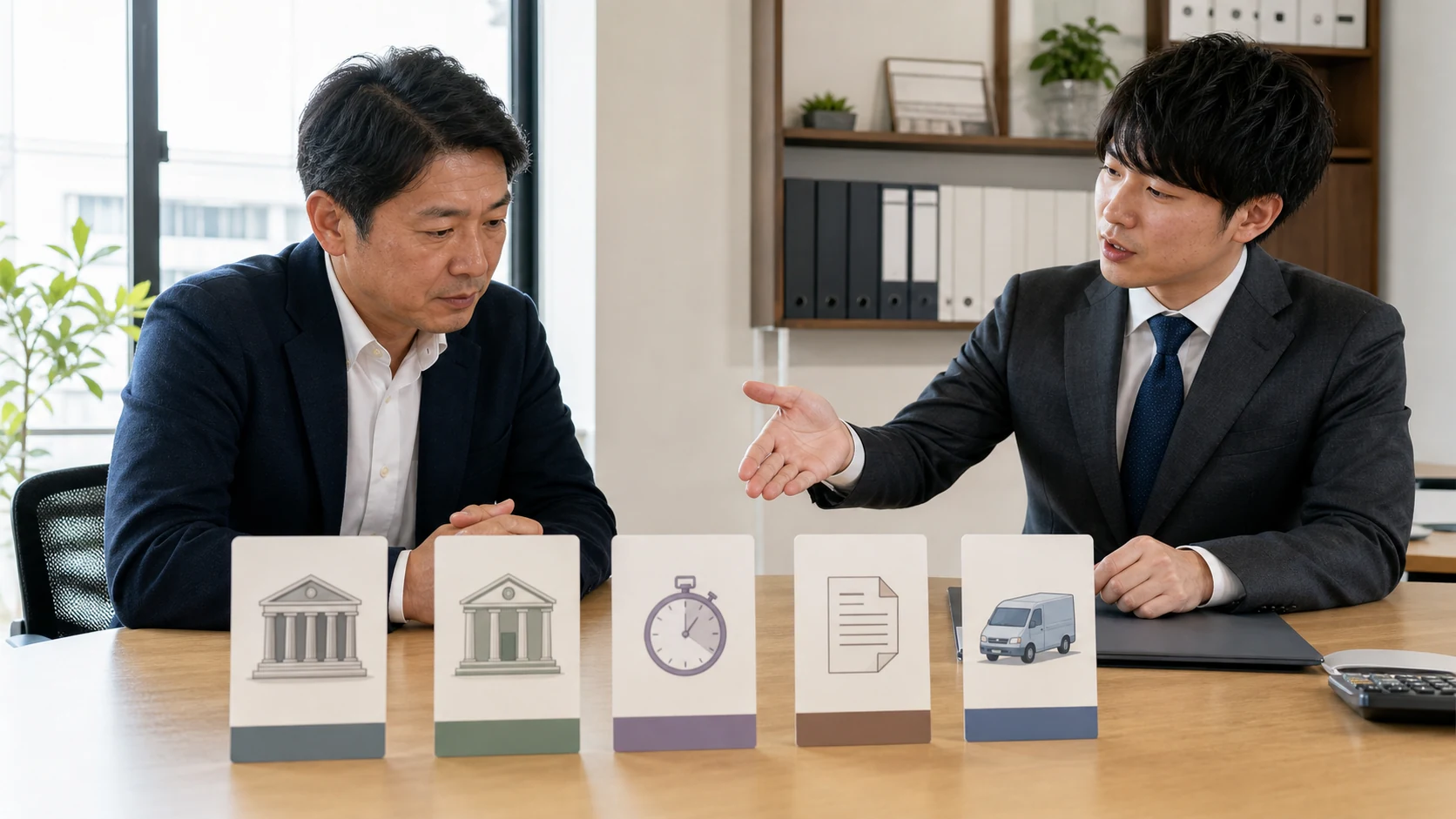 公庫融資の返済期間と短期資金の終了日を比較する相談風景