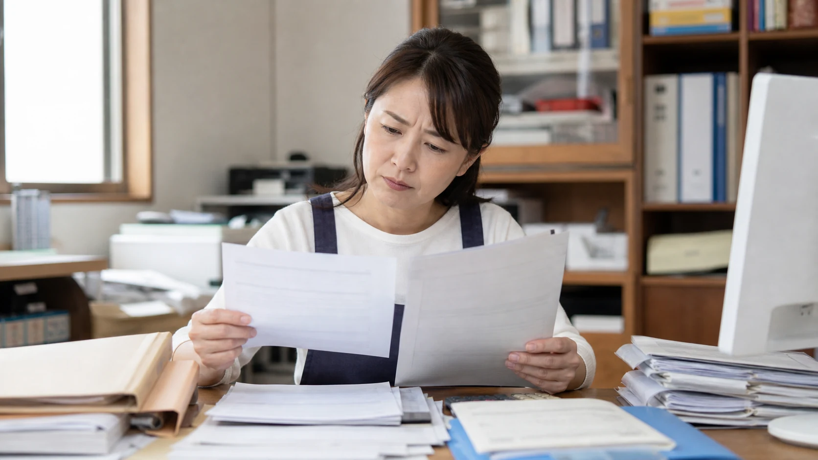 公庫融資の申込書類と資金使途を確認する中小企業経営者