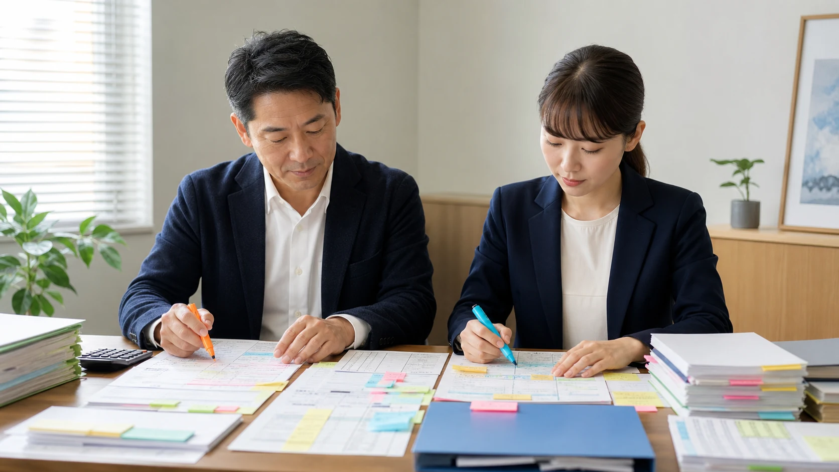 公庫融資の必要書類を色分けして整理する経営者と経理担当者