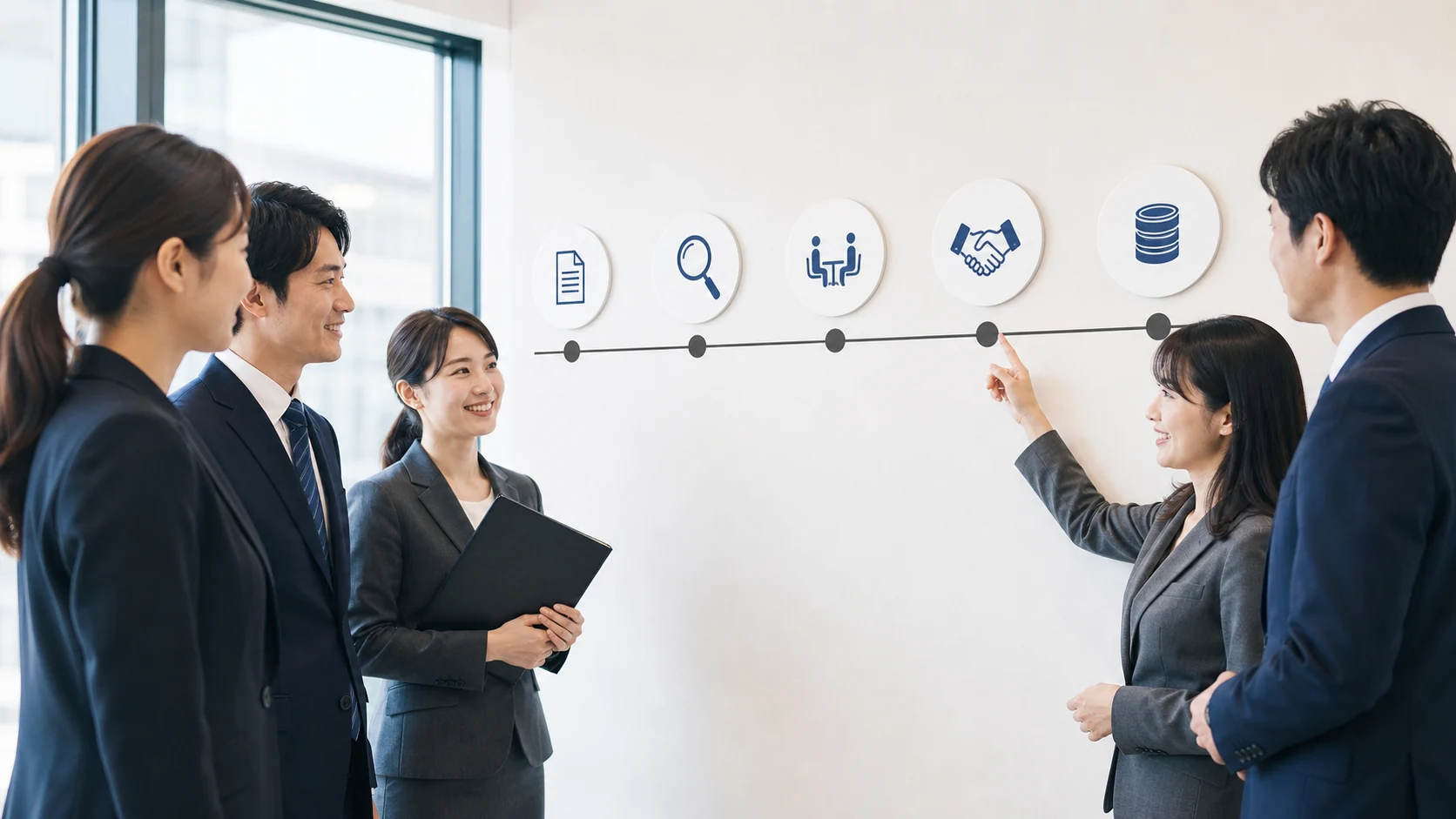 公庫融資の審査工程と回答期限をホワイトボードで管理するチーム