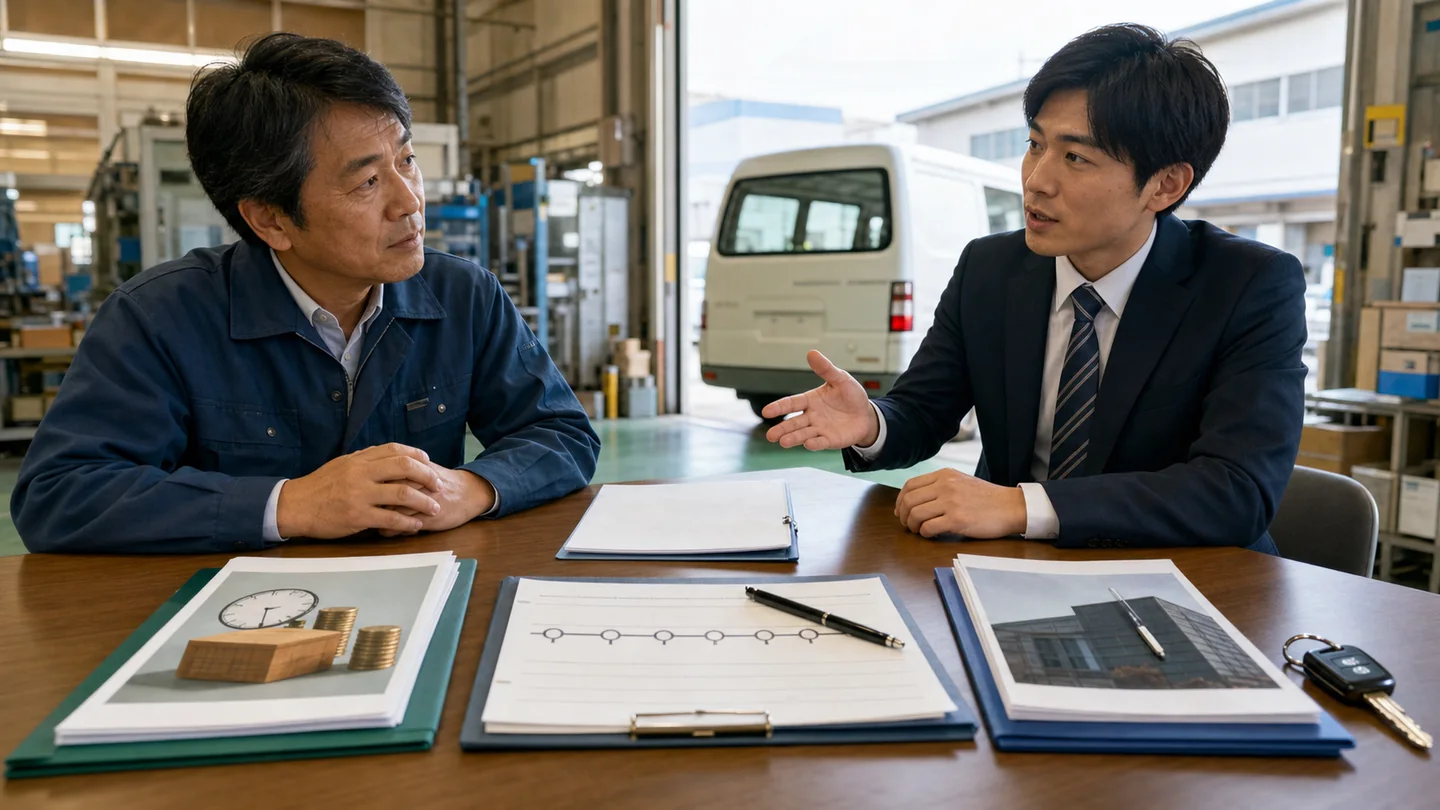 大口受注のつなぎ資金を比較する製造会社経営者とアドバイザー