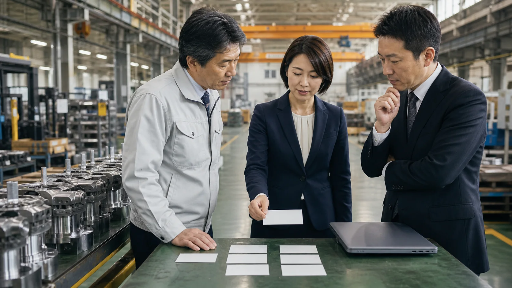 工場経営者が材料発注と出来高入金に合う資金手段を比較する場面