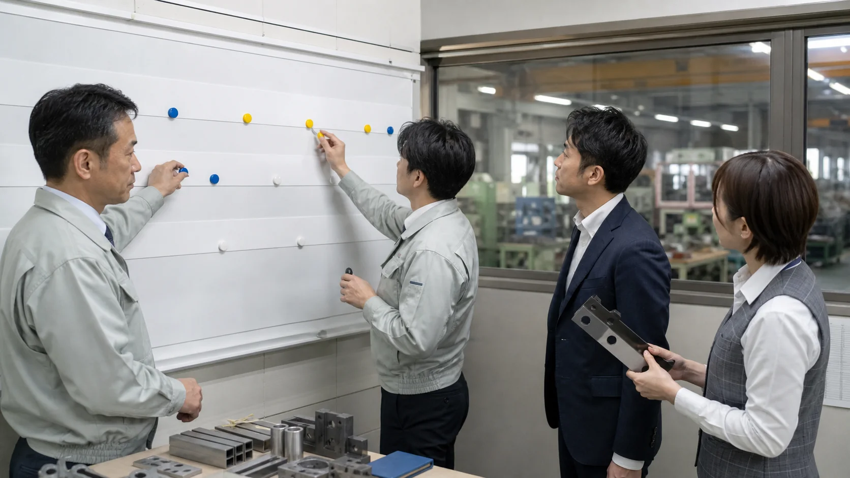金属加工工場で営業・製造・財務担当が受注工程と資金日程を統合する場面