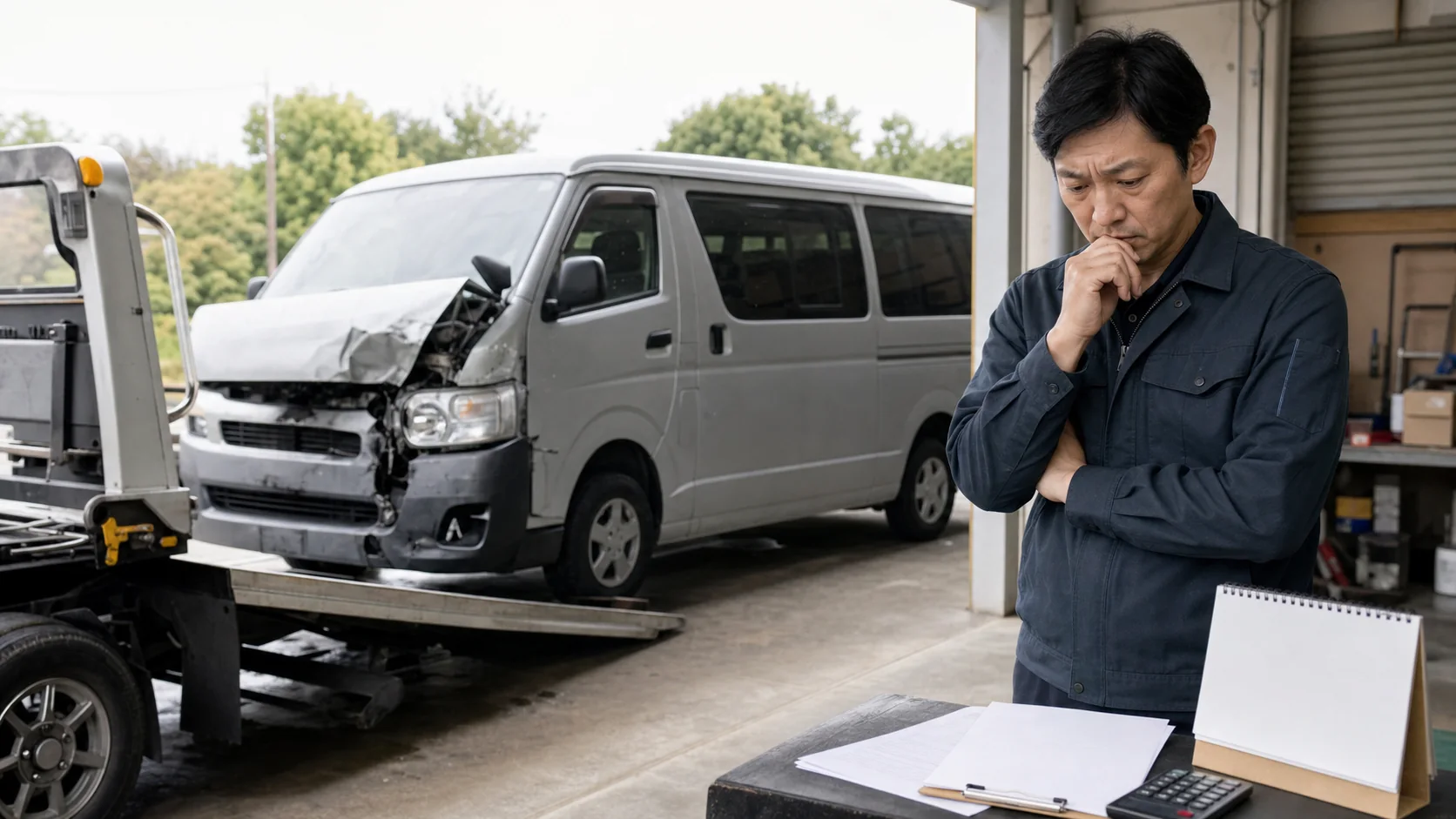 事故後の修理承認と保険条件を確認する社用車担当者