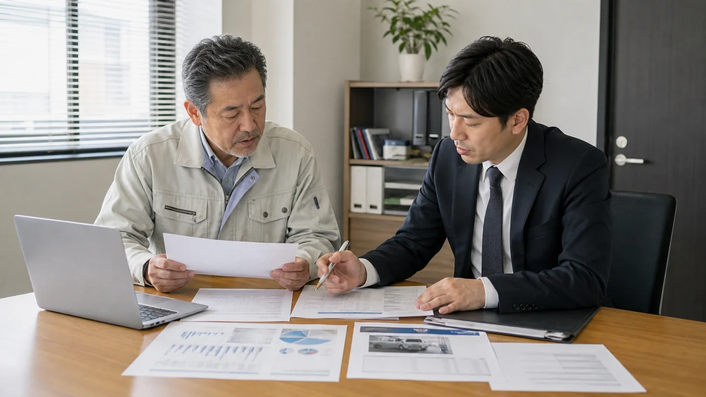 請求資料と車検証を並べて条件を整理する中小企業経営者