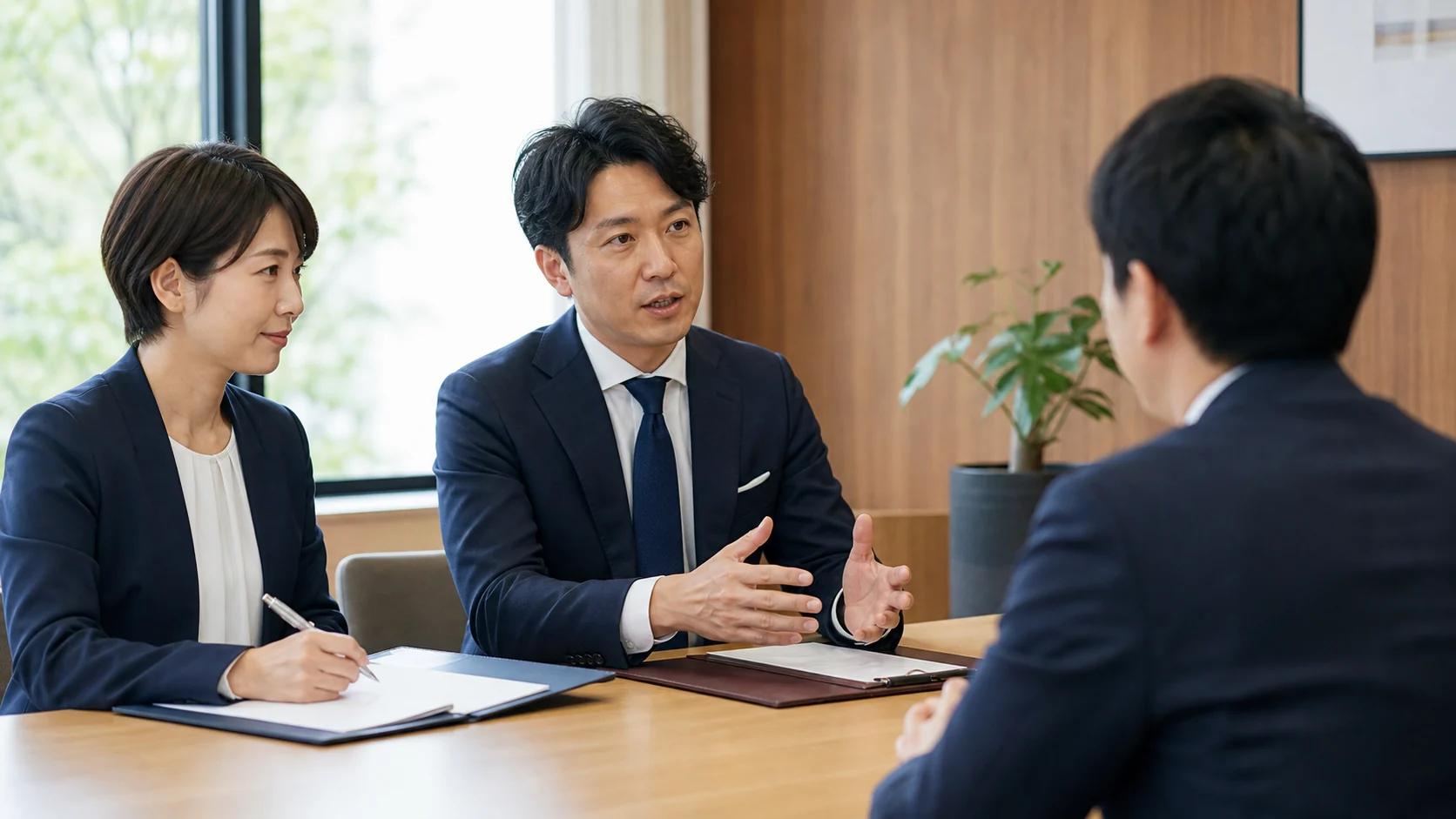 経営者が金融機関へ直接説明し支援者が資料を補助する場面