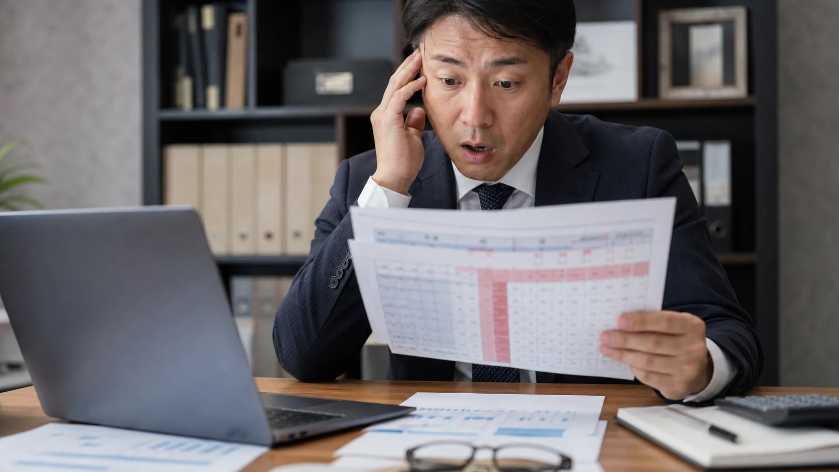 据置終了後の返済額と資金残高を金融機関担当者と確認する経営者