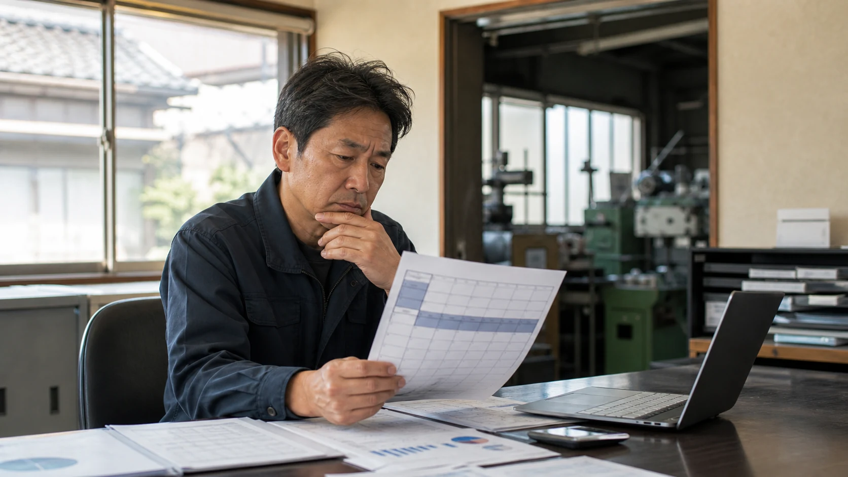 返済予定表と損益計算書、通帳を並べて確認する中小企業経営者