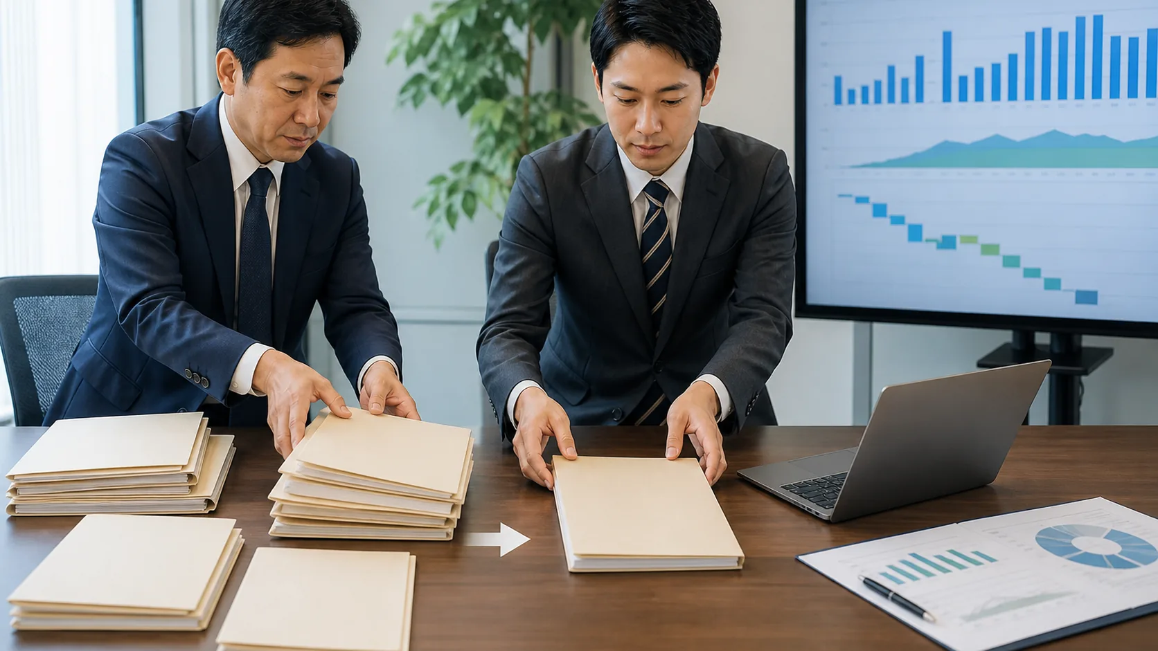 会社とコンサルが借換え前後の返済表と総費用を照合する場面