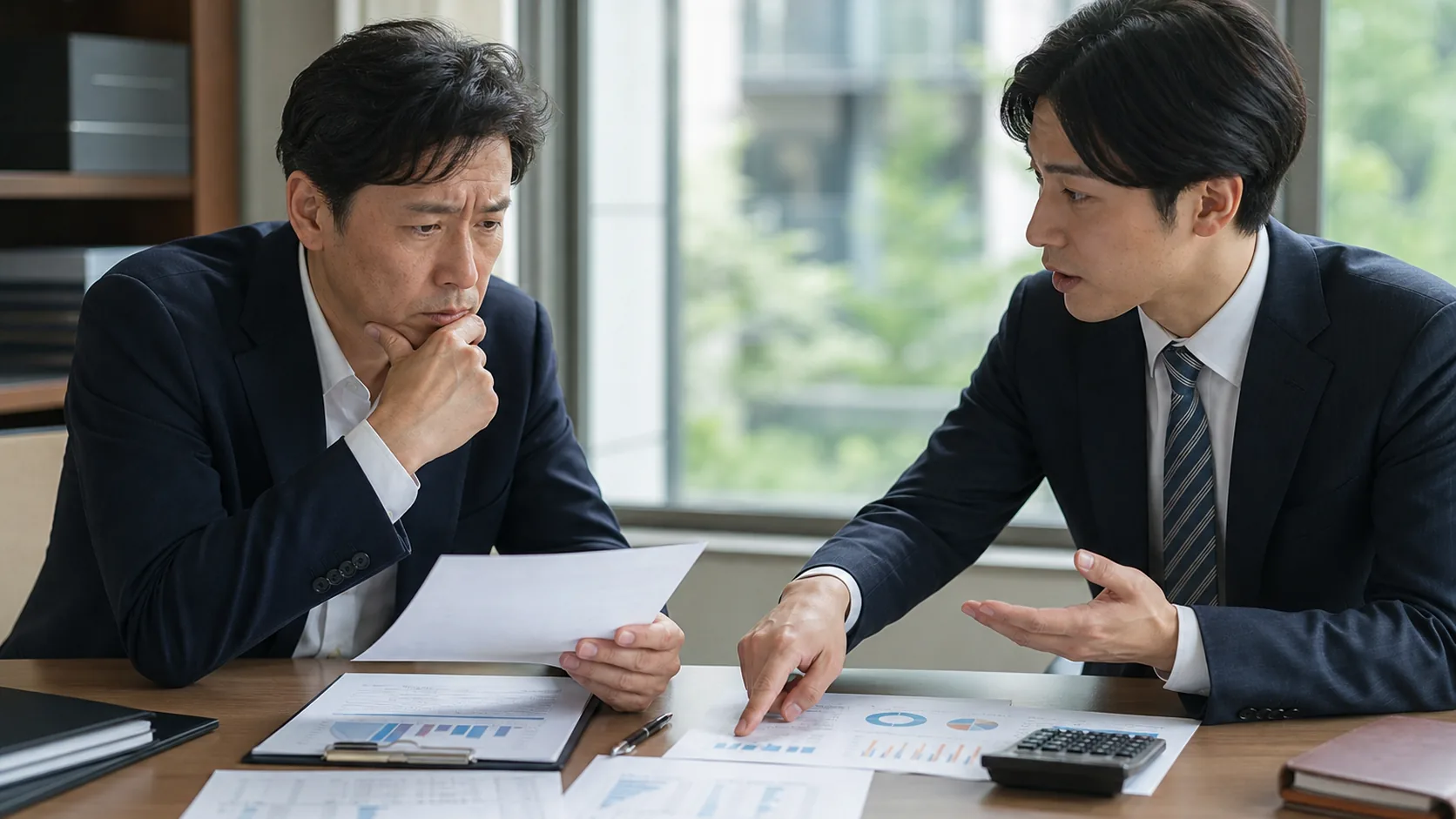 経営者が全借入と返済条件変更の必要額を支援者と確認する場面