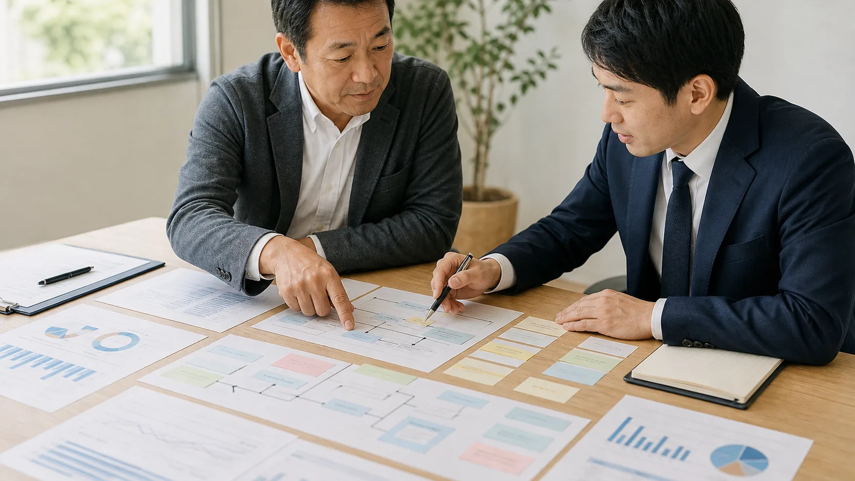 会社と支援者が返済軽減額と改善計画を銀行相談資料へまとめる場面