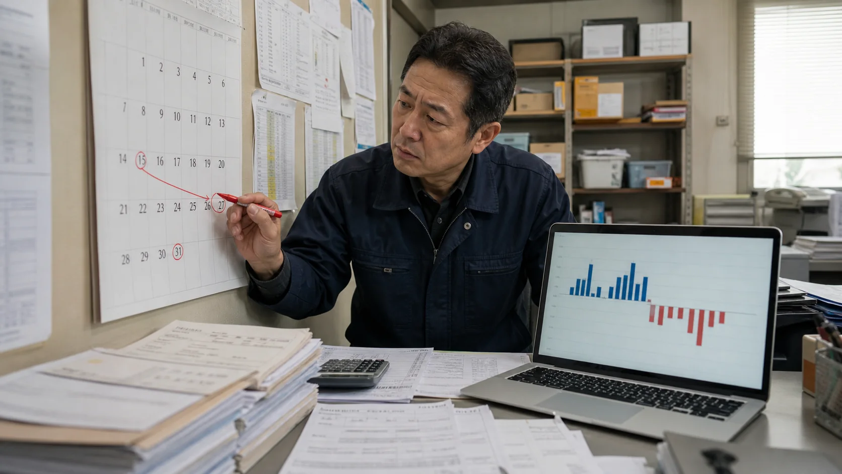 入金予定カレンダーを見ながら資金不足を確認する経営者