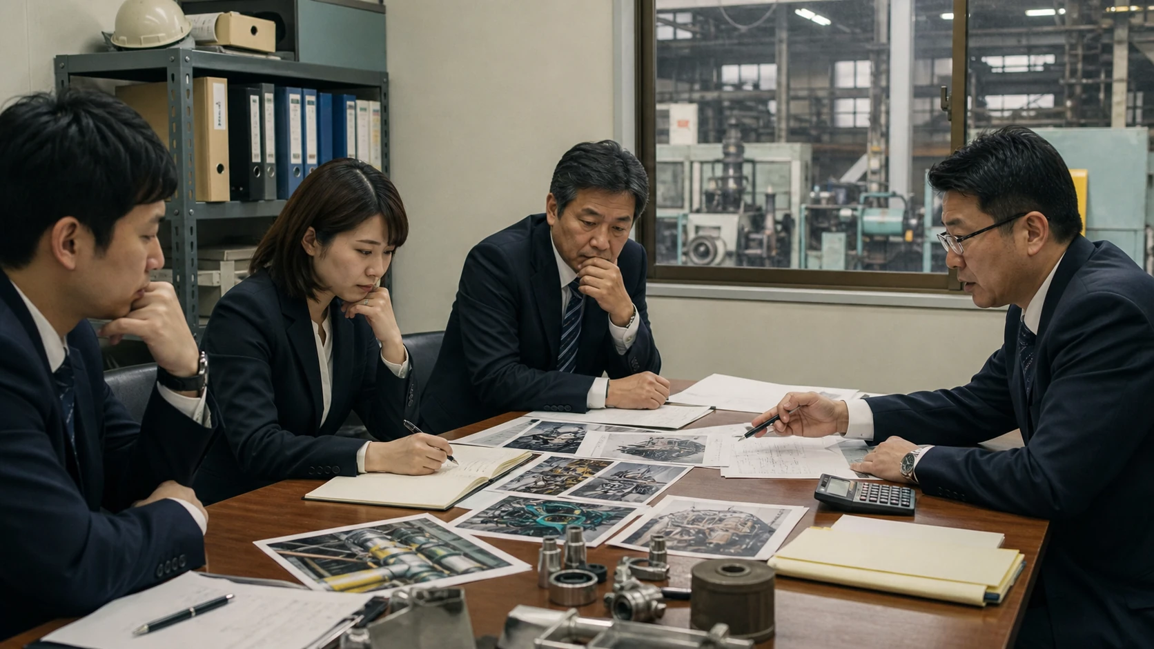 金属部品会社の買い手経営者と専門家が買収候補工場の設備と稼働を確認する場面