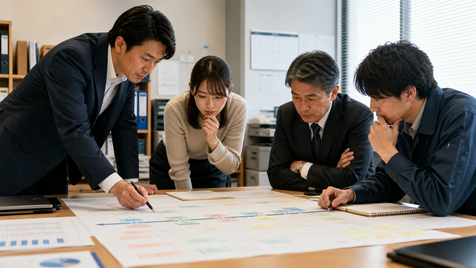 買収側企業で経営者・財務・M&A専門家が買収資金と統合日程を統合する場面