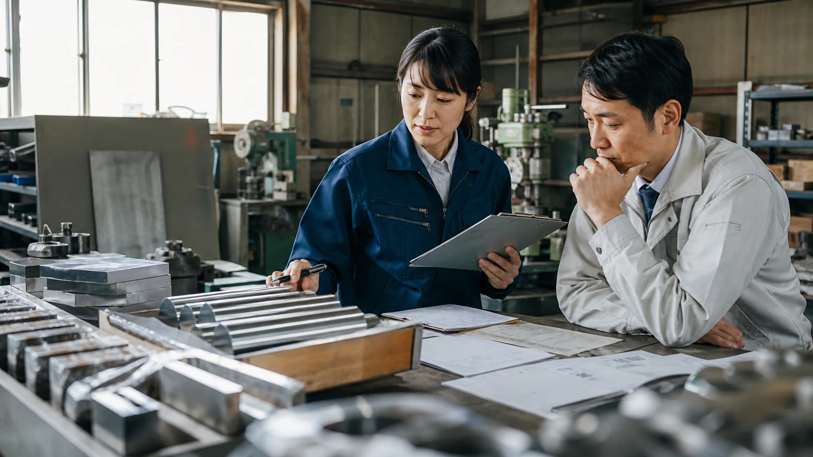 製造会社の調達責任者と経理担当が原材料・仕掛品・設備費を確認する場面