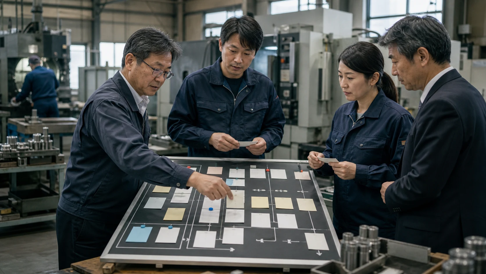 製造会社の経営・営業・生産・経理が受注から回収までの工程を資金日程へ統合する場面