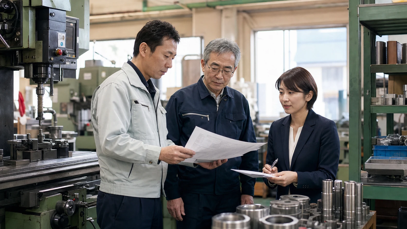 町工場で受注書と材料在庫と生産工程を確認する製造会社の担当者