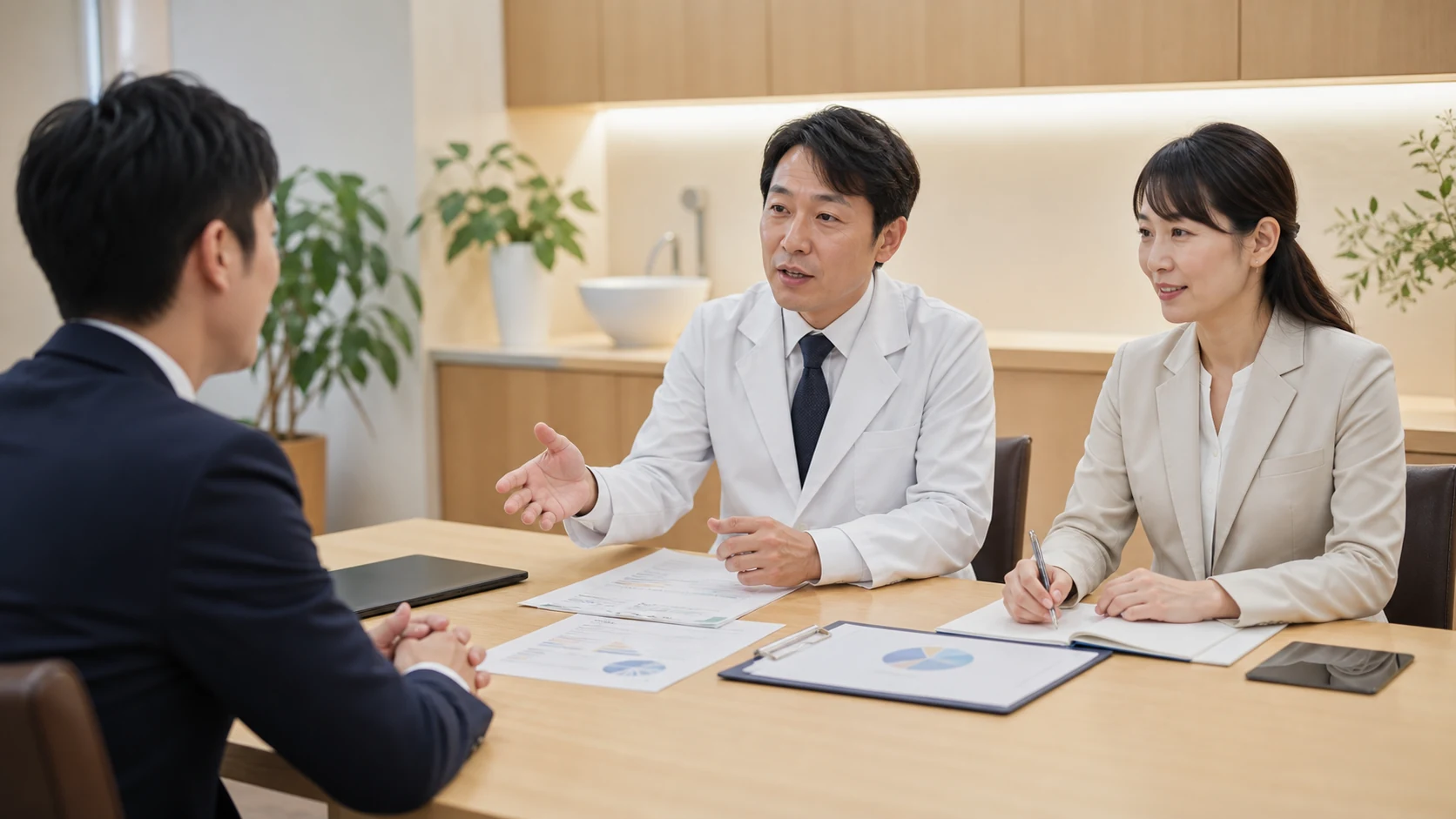 クリニック院長と事務長が金融機関へ診療報酬・人員・医療機器の計画を説明する場面