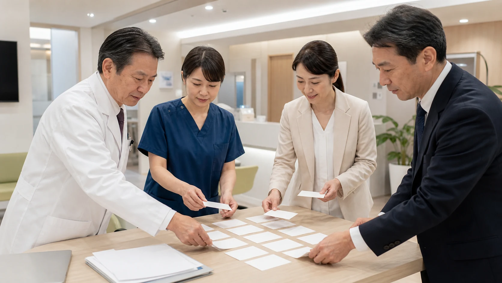 クリニックの院長・医療スタッフ・事務・財務担当が開業設備と資金計画を統合する場面