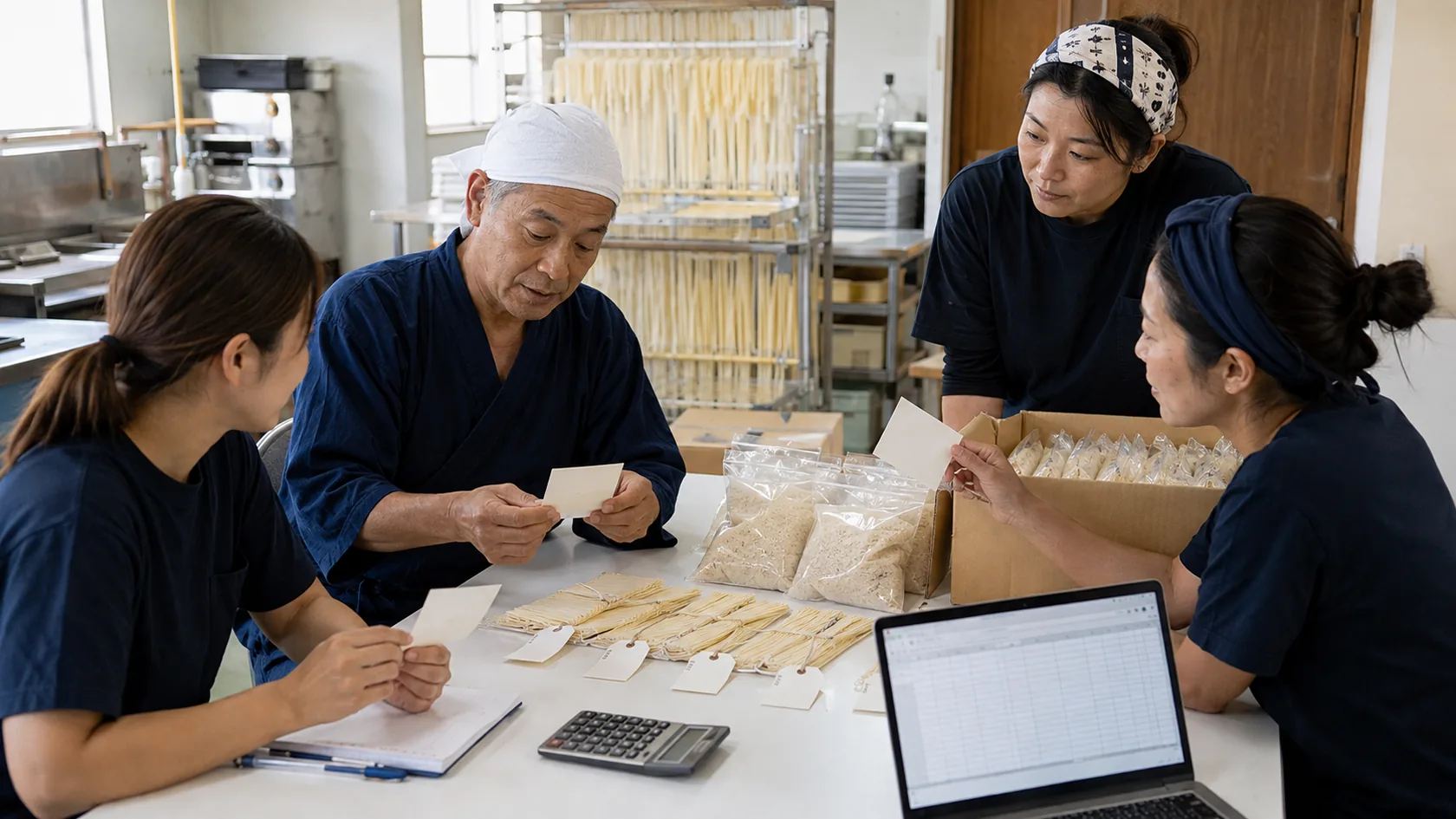 原料ロット・乾燥棚と卸精算を照合する架空加工所（AI生成の説明用イメージ）
