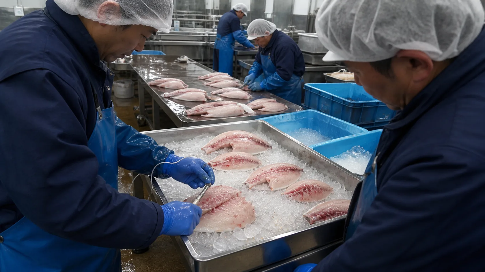 愛南町の真鯛加工場で身割れと芯温逸脱のある切り身を隔離する作業者