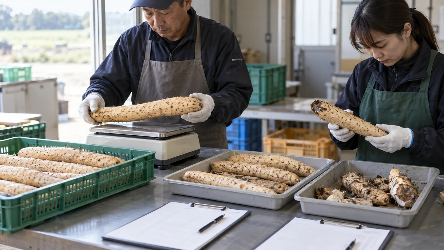 架空の作業者がやまいもの規格と箱番号を確認する場面（AI生成イメージ）