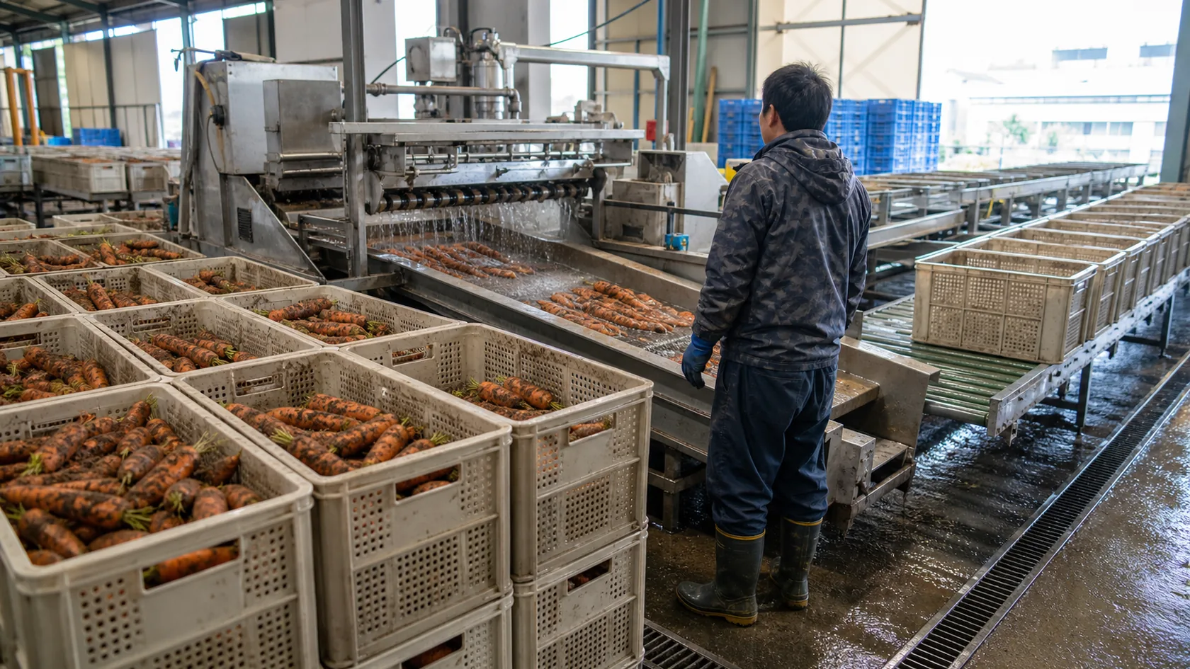 藍住町の集出荷施設で、春にんじんの洗浄ラインと選別待ちコンテナを確認する担当者