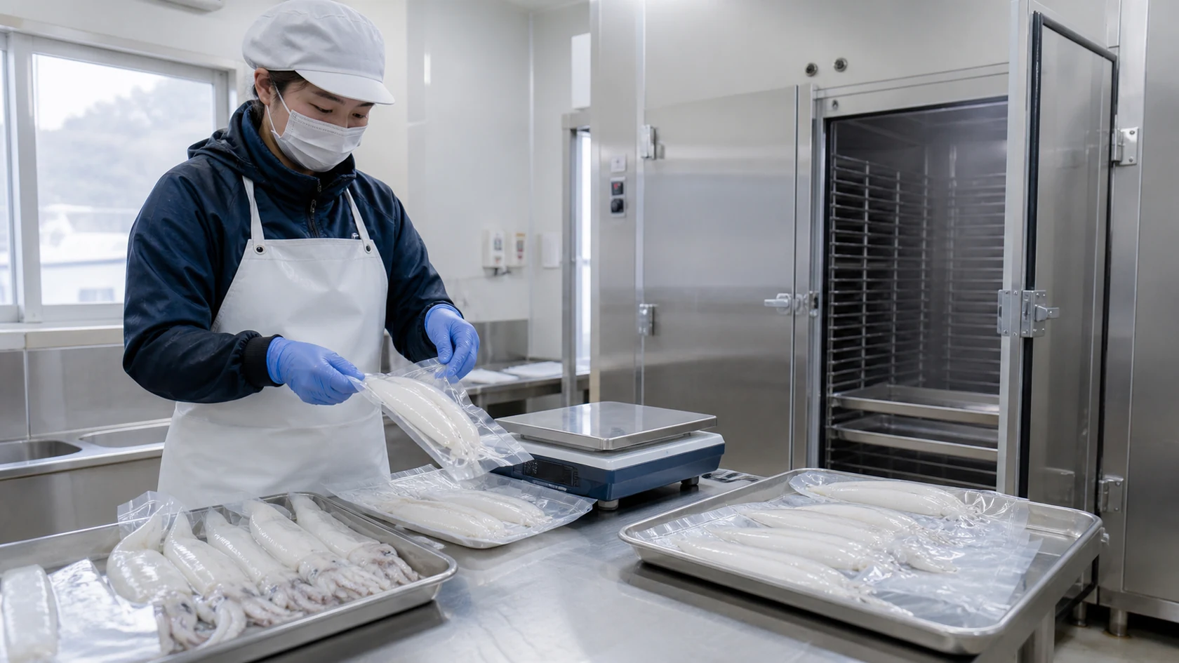 海士町の水産加工室で白いかの受入品温・可食重量・真空シール・凍結品温・輸送便を照合する担当者