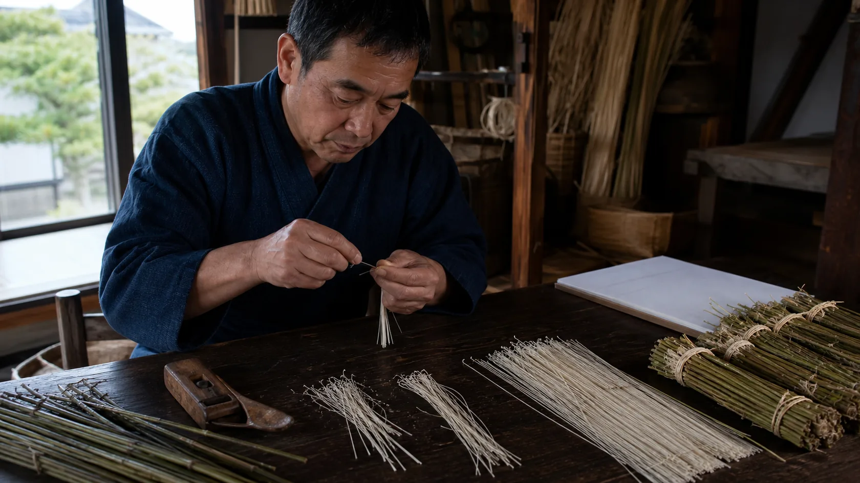 安堵町の灯芯作業場で途中切れ・太さ不揃い・乾燥不足の灯芯を分け、藺草束と作業記録を照合する担当者
