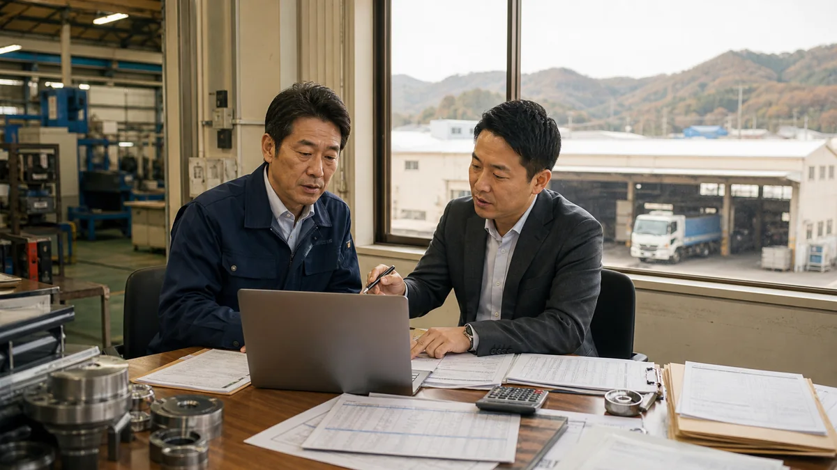 安中市の製造事業者が材料費と配送費の資金繰りを確認する様子