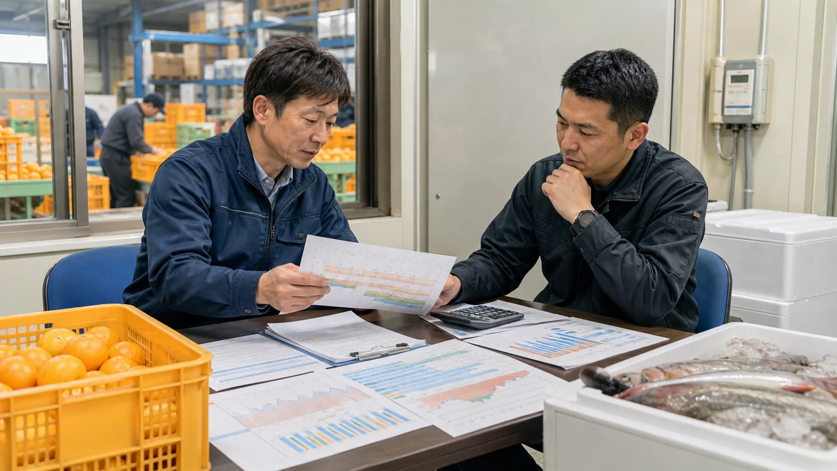 有田市の事業者が栽培台帳と加工在庫から資金不足週を確認する場面