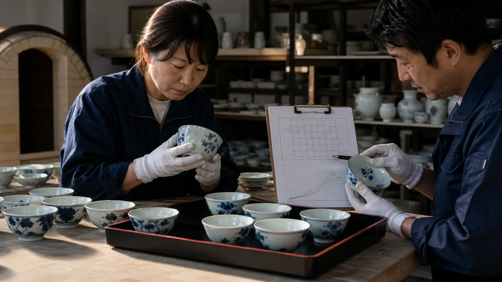 有田町の磁器工房で貫入・釉むら・絵柄ずれの器を隔離し、窯位置と温度曲線を照合する職人