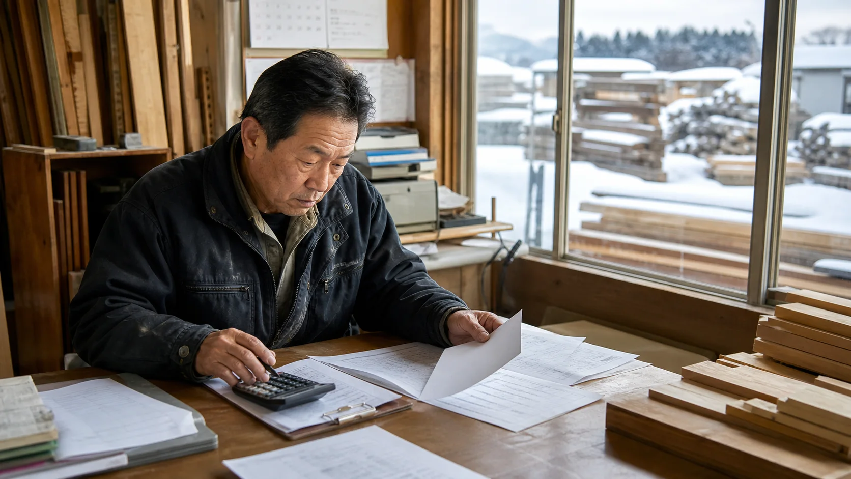 芦別市の木材加工場で資金繰りを協議する事業者のイメージ