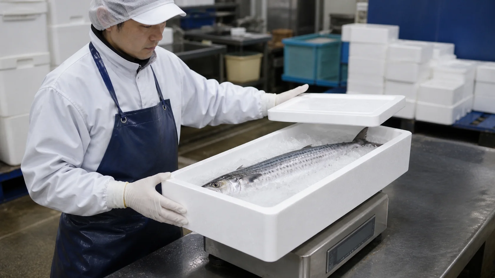 芦屋町の鮮魚配送モデルでサワラの入った保冷箱と計量を確認する担当者（AI生成の説明用イメージ）