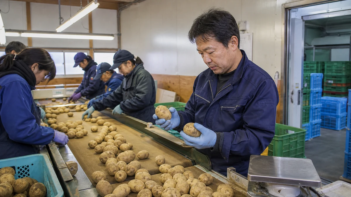 厚沢部町のメークイン選別場で表皮の緑化・傷・腐敗・形状・サイズを確認し、低温貯蔵へ回す箱数を調整する担当者
