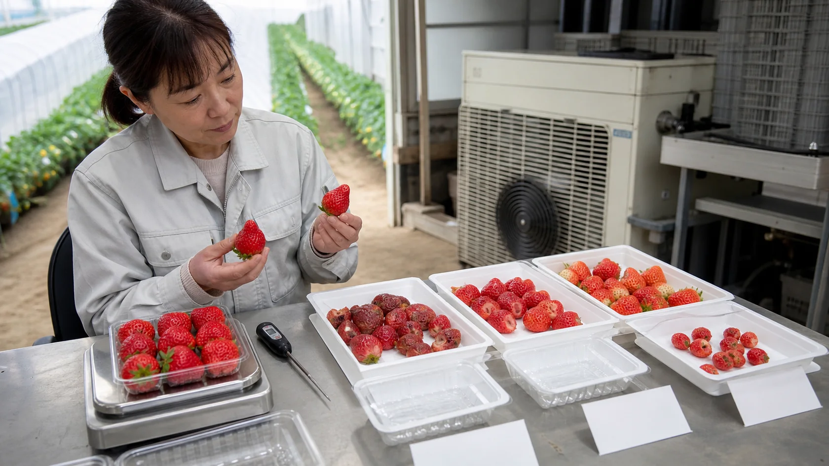 明日香村のいちご調製場で押し傷・裂果・過熟・重量不足パックを隔離し、予冷と選別記録を照合する担当者