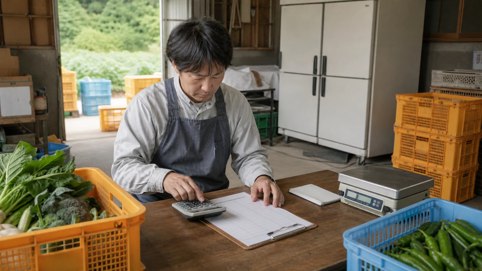 野菜ロットの栽培管理記録と受領精算を確認する架空農家（AI生成の説明用イメージ）